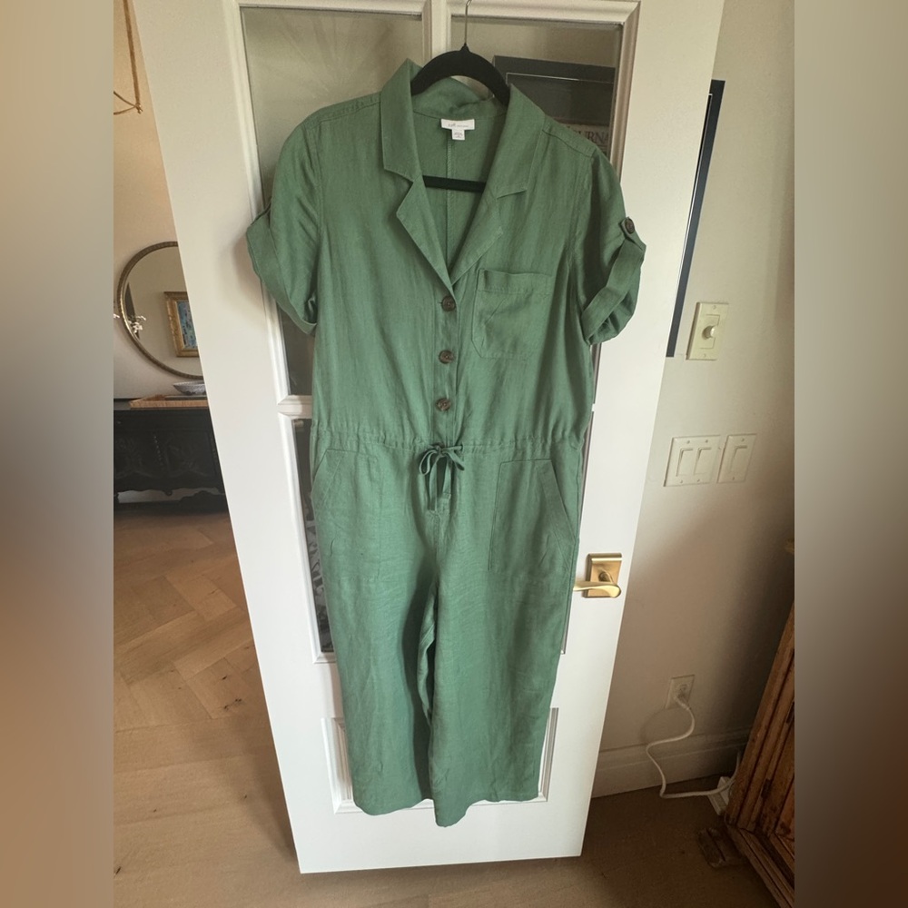 J. Jill Cropped Green Utility Jumpsuit with Drawstring Waist